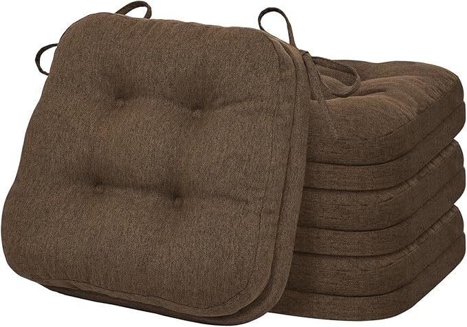 baibu Set of 4 Dining Chair Cushions, Dual-Layer Patent Design Memory Foam Kitchen Chair Cushions, Non-Slip Seat Pads with Ties, 16.5 x 16.5 x 3.5in, 4 Pack, Dark Brown