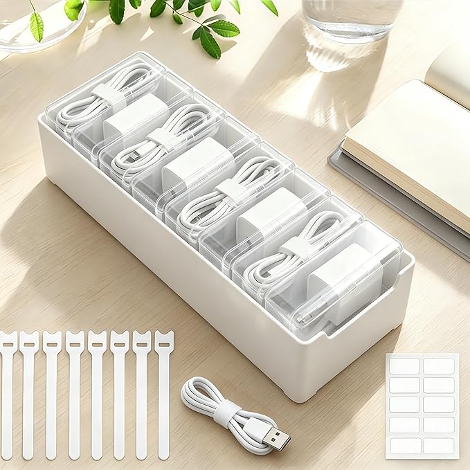 Cable Organizer Storage Box with 8 Wire Ties and Label Stickers,Desktop Charger Cable Management Box with Switch, Cord Organizer for Office,Home,Desk Accessories Storage Stationery Supplies（Clear）