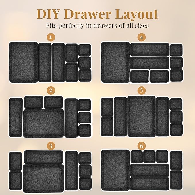 8pcs Felt Desk Drawer Organizer Tray, 4 Sizes Drawer Organizers Set for Office Supplies, Jewelry, Makeup, Cosmetics, Desk & Drawer Storage (Charcoal)