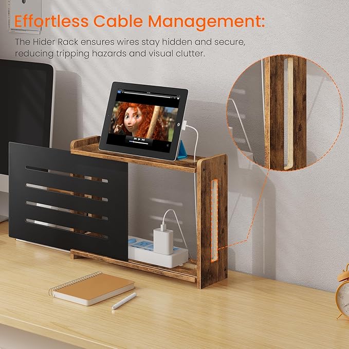Homode Wooden WiFi Router Box Hider, Wall Mount or Tabletop Router Shelf with Metal Frame, Decorative Modem & Power Strip Storage Cabinet, Internet Cable Management Organizer, Rustic Brown