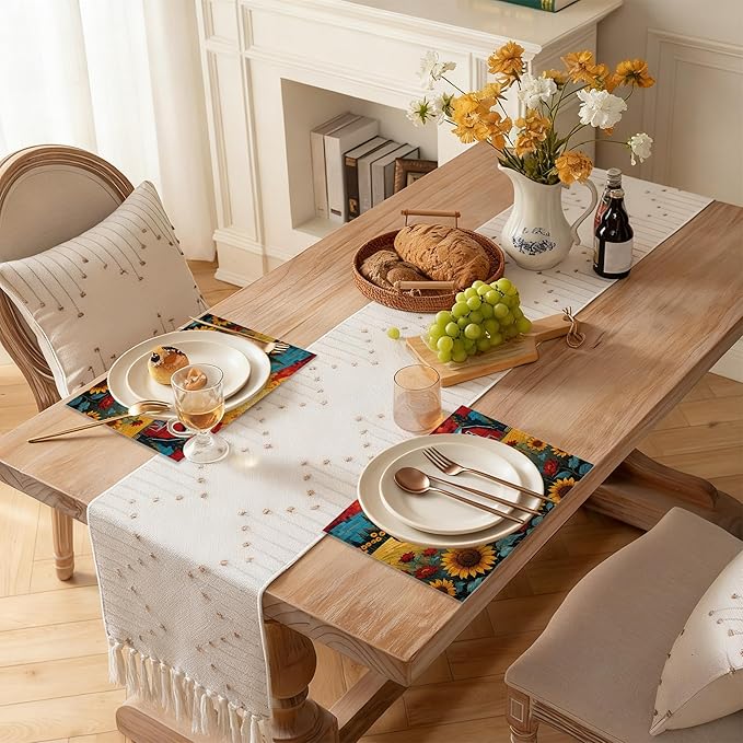 Painting Sunflowers Rooster Table Placemats Set of 6, Linen Placemats 12x18 Inch, Washable Non Slip Heat Resistant Mats for Dining Table Kitchen Indoor Use