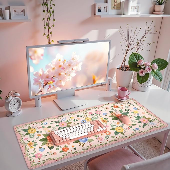iCasso Floral Desk Mat for Keyboard and Mouse,Cute Gaming Mouse Pad XXL,Anti-Slip Desk Matt for Desktop,Soft Lycra Surface Computer Mat Women,Girly Big Mousepad for Home Office (Pink Floral)