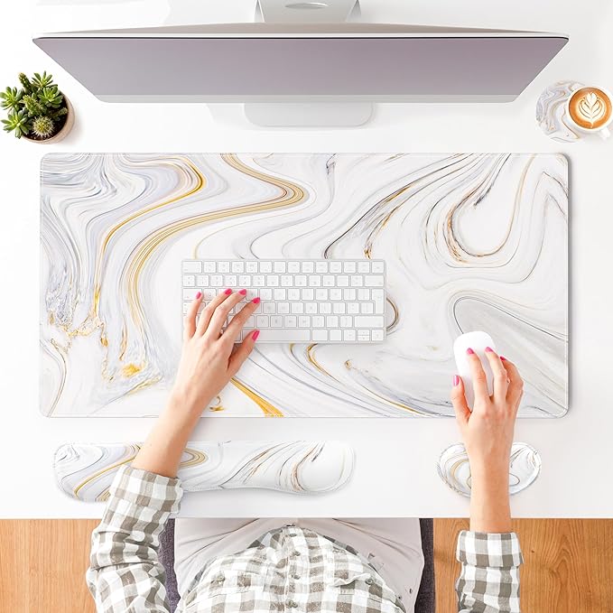 QIYI Leather Desk Mat Set, 4-in-1 Large Mouse Pad with Wrist Rest, Non-Slip Desk Pad + Keyboard Wrist Rest + Mouse Wrist Support + Coaster, Office Desk Accessories Home Decor Supplies, Marble Stripes
