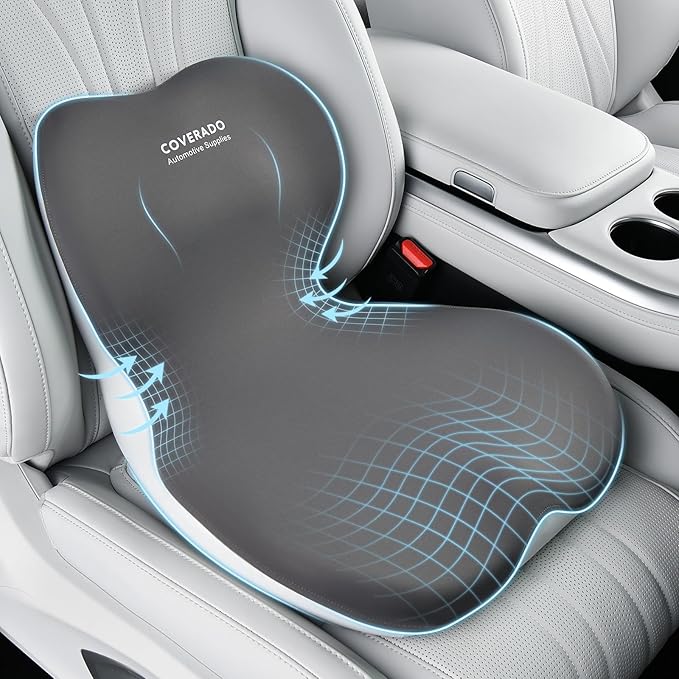 Coverado Seat Cushion and Lumbar Support Pillow One Piece for Car Office Chair, Ergonomic Memory Foam Desk Chair Cushion Back Support Pillow, Sciatica & Back & Tailbone Pain Relief Cushion-Gray