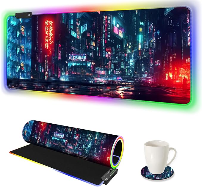 ARTSO RGB Gaming Mouse Pad Large, Extended Soft Led Mouse Pad with 14 Lighting Modes 2 Brightness, Water Resist Keyboard Pad, Computer Mousepads Mat 35.4x15.7inch, Night City