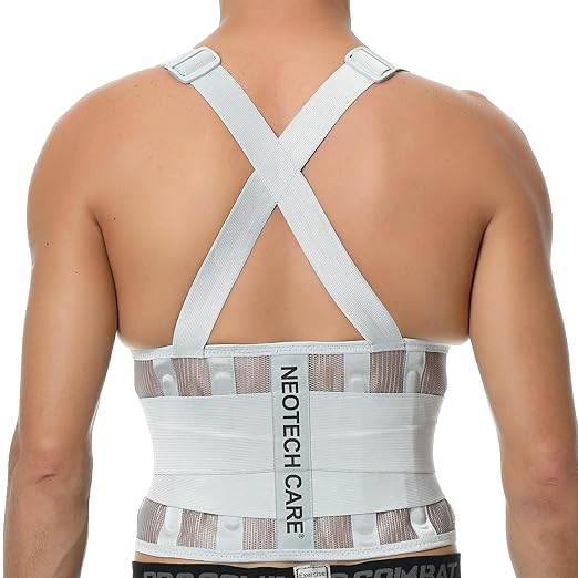 NeoTech Care Back Brace with Suspenders/Shoulder Straps - Light & Breathable - Lumbar Support Belt for Lower Back Pain - Posture, Work, Gym - Grey Color (Size M)