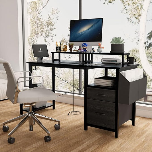 Home Office Desk with Side Pocket and Drawers, Modern Computer Desk for Small Space Bedroom, 47 Inch Gaming Desk with Power Outlet & 2 Movable Monitor Shelves (Black)