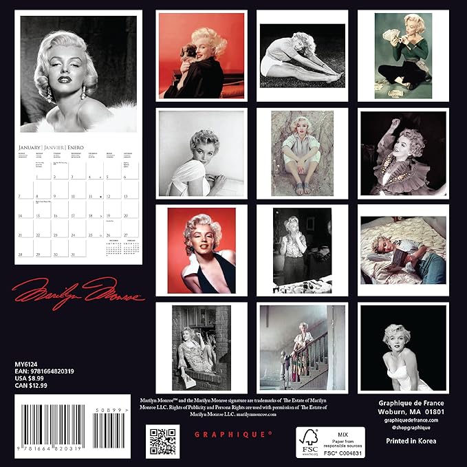 Graphique 2024 Marilyn Monroe Mini Wall Calendar | 7” x 7” | Thick Paper | Home & Office Organizer | Large Monthly Grid | 3 Languages & Marked Holidays | 4 Month Preview Page for 2025