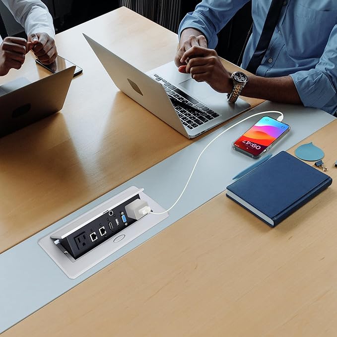 Table Pop up Power Strip Date Hub Connection Box with Outlet Network HDMI for Office Desk（Silver）