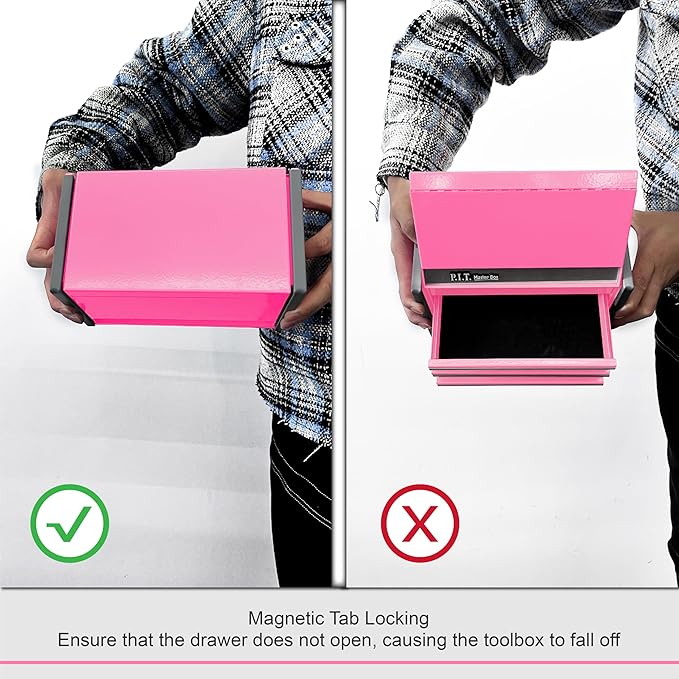 P.I.T. Mini Tool Box 8.6"W X 4.6"D, Portable 3 Drawer Steel Stackable Pink Tool Box with Magnetic Tab Locking, Pink Micro Top Chest with Liner for Tools Storage and Organizers, Home DIY