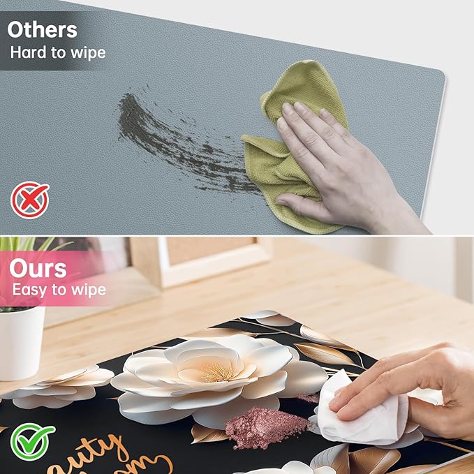 Dual-Sided PU Leather Desk Mat Blotter for Office, Home, Computer, Keyboard, Mouse, 15.7"x31.5" Large Non-Slip Writing Mat with Travel Storage Strap, Waterproof Easy to Clean (White Camellia)