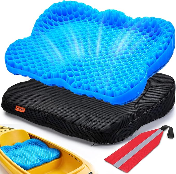 Premium Gel Kayak Seat Cushion, Thickened Non-Slip Waterproof Seat Pad, Breathable Universal Fit for Canoe Fishing Boat, Portable Washable Kayak Accessories, with Safety Travel Flag - Blue
