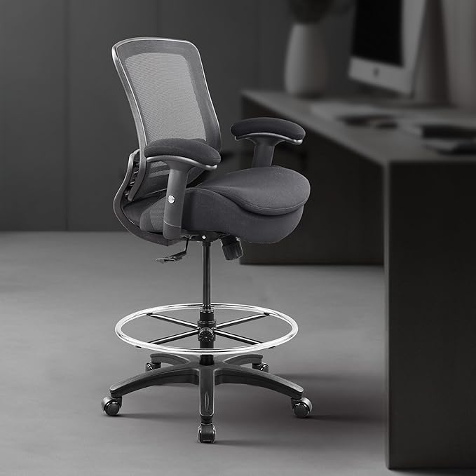BOLISS 400lbs Ergonomic Office Drafting Chair Mid Mesh Back for Height Adjustable Desk 21inch Foot Ring Height Adjustable Armrest (Black) ﻿