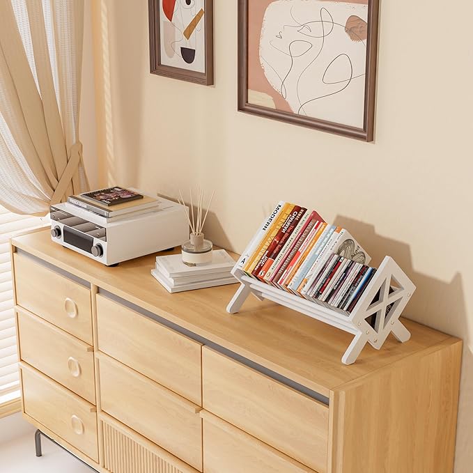 Desktop Bookshelf Organizer, Wood Office Tabletop Book Storage Rack, Tilting Bookcase for Books/CDs/Magazine Display (Pure White)