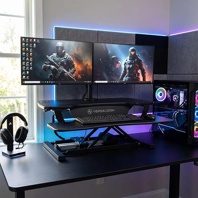 VERSADESK PowerPro 48 Inch Electric Standing Desk Converter – Push-Button Height Adjustable Sit to Stand Desk Riser for Multiple Monitors – Motorized Desktop Workstation with Wide Keyboard Tray, Black