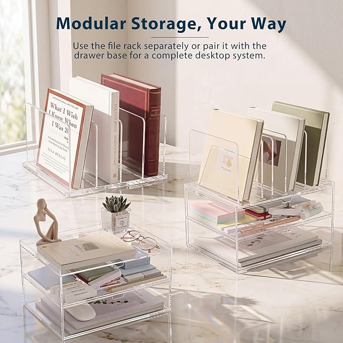 Ripeng Acrylic Desk Organizer with 2 Drawers, Vertical File Holder with 5 Detachable and Adjustable Dividers, Clear Desk Organizers and Accessories for Home, Office, School