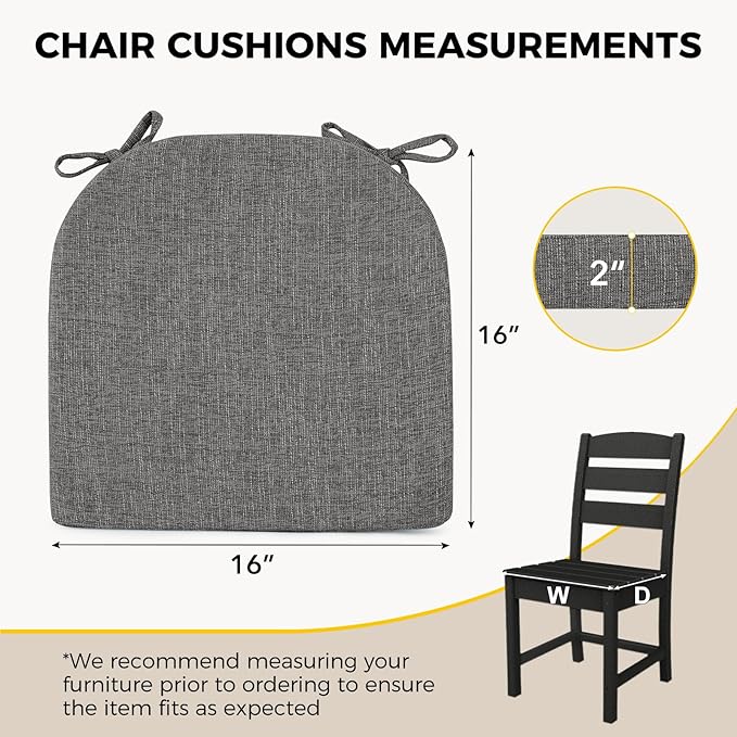 downluxe Indoor Chair Cushions for Dining Chairs, Soft and Comfortable Textured Foam Kitchen Chair Pads with Ties and Non-Slip Backing, 16" x 16" x 2", Dark Grey, 2 Pack
