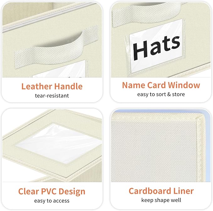 Aokeyee Hat Organizer for Baseball Caps - 2PCS Stackable Storage with Clear Window Lid, Flip-Top Access, Space-Saving Hat Box for Closet, Breathable Fabric (beige)