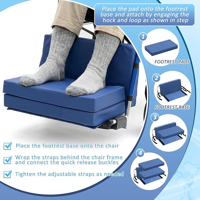 Novabright 2 Pcs Adjustable Footrest High Density Foam Leg Rest with Chair Seatbelt PU Waterproof Leather Foot Support Elevating Pads, Footplates and Heel Loops BlueLeg Cushion Protector for Home
