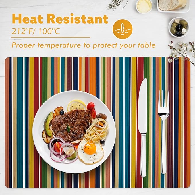 Colorful Stripes Placemats Set of 4, Rainbow Vertical Stripe Faux Leather Heat Resistant Non-Slip Wipe Clean Waterproof Table Place Mats Set for Indoor Outdoor Kitchen Dining Table, 17" x 12"