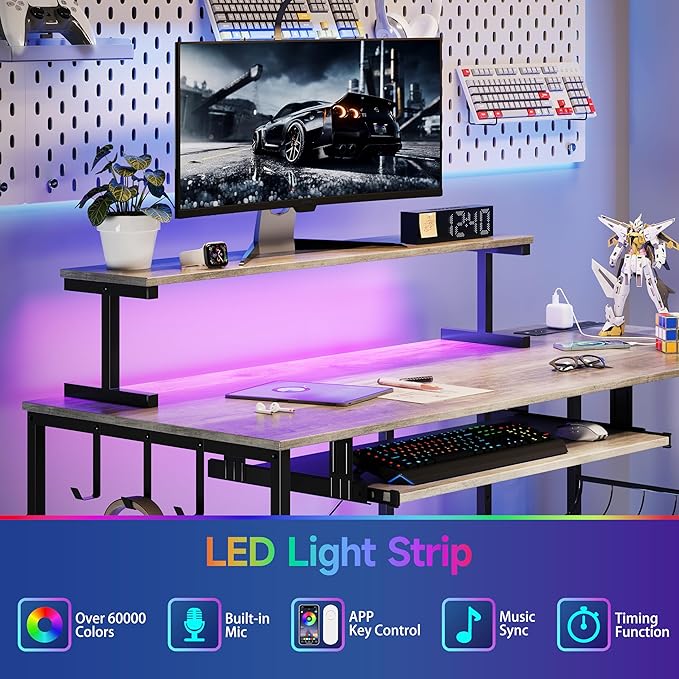 L Shaped Gaming Desk with Power Outlets & RGB Lights, 46'' L- Shaped Desk Computer Corner Desk with Monitor Stand & Storage Shelf & Hook, Home Office Desk Writing Desk, Grey