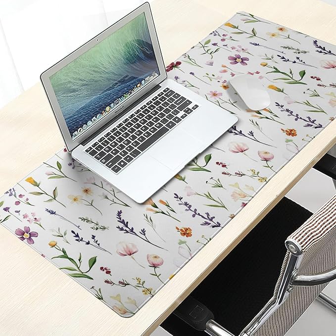 Spring Summer Wildflower Desk Pad Mouse Pad XXL 35.4”x15.7” Large Extended Gaming Mouse Pad with Stitched Edges Non-Slip Rubber Base Mousepad Floral Desk Accessories for Home Laptop Office Work Game