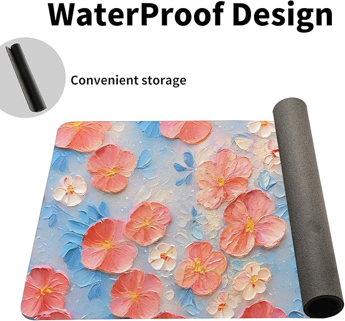 Oil Painting Flowers Desk Mat for Women, Large PU Leather Desk Pad with Non-Slip Base, Aesthetic Office Keyboard Cover for Gaming & Home Work, Artistic Desk Decor (27.56 * 13.78in)