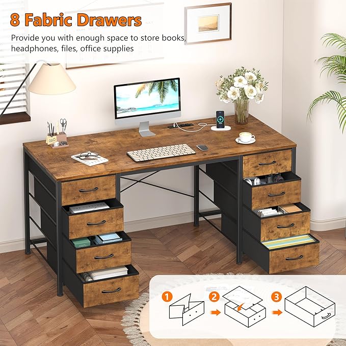 YOMILUVE 50 Inch Computer Desk with 8 Drawers, Home Office Desk with Power Outlets, Work Study Gaming Desk with 8 Fabric Drawers, Rustic Brown