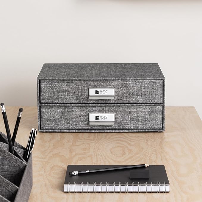 Bigso Birger 2-Drawer Canvas Fiberboard Easy Pull Handle Box - Desktop Drawers for A4 and Letter Size Papers - Desk Drawers with Metal Label Holder - 13.1in x 10in x 5.7in - Melange Grey