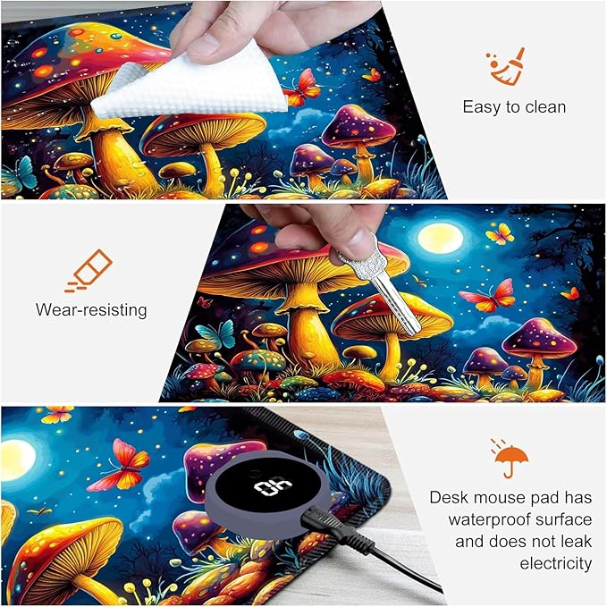 Heated Mouse Pad,Warm Desk Pad with 3 Levels Heating & 3 Hours Auto Shut-Off, PU Leather Heated Desk Pad Warmer Pad for Home Office - 31.5 x 13 inch,Beautiful Mushrooms