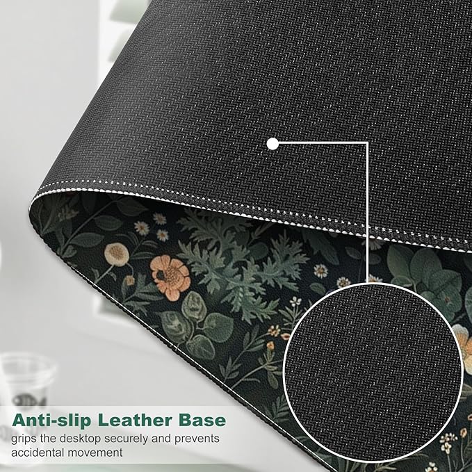 DINKY Leather Desk Mat, XXL Large Gaming Mouse Pad, Extended Desktop Decor Desk Pad, 35.4" x 15.7" Cute Floral Mouse Mat for Laptop, Keyboard, Vintage Flowers