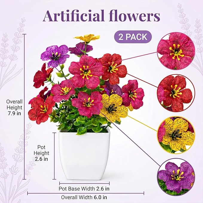 Artificial Flowers in Pots, Small Plant Decor, Fake Potted Flowers Indoor, Mini Artificial Plants & Fake Flowers with Pot for Home Office Kitchen