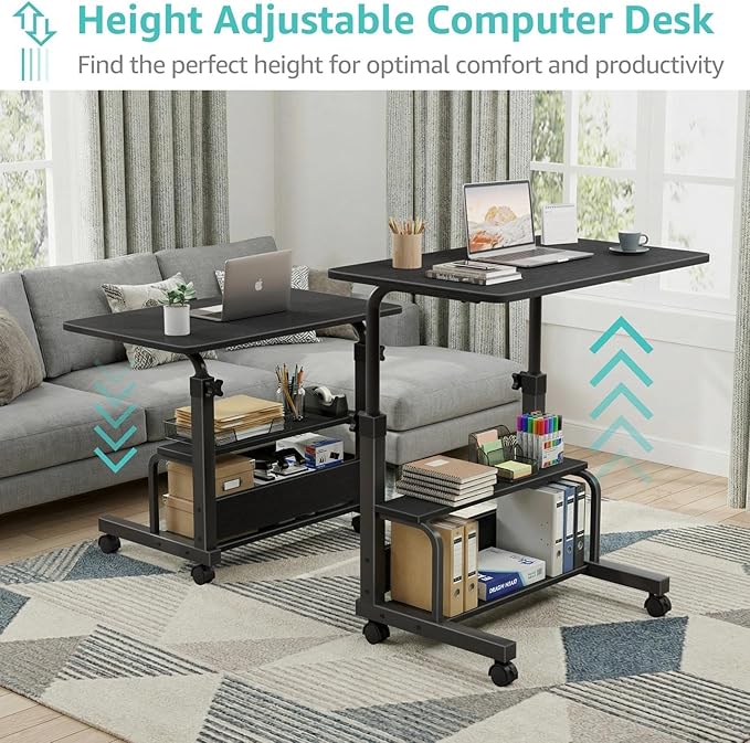 WINAZ Small Portable Rolling Kids Desk - 32" Mobile Laptop Desk with Wheels for Small Spaces, Height Adjustable C Shaped Side Table with 2-Tier Storage Shelves, Black