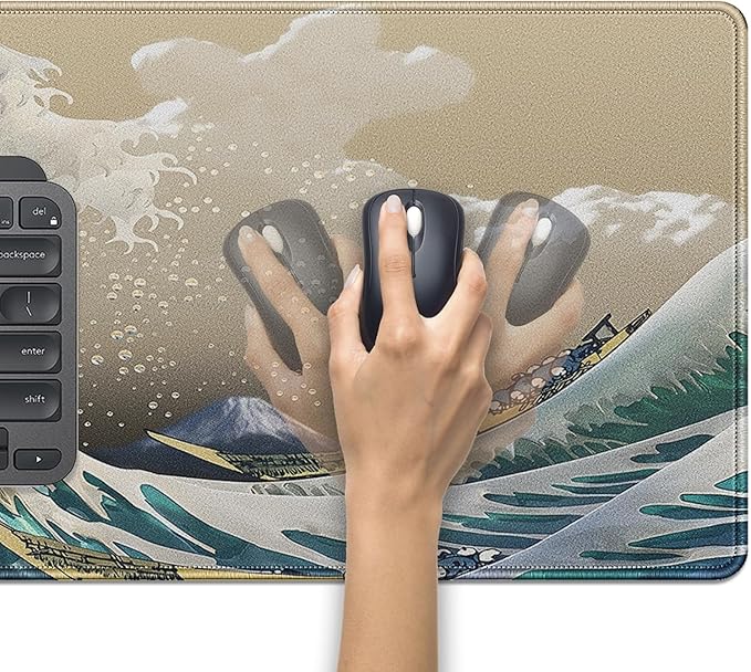 Japanese Wave Large Gaming Mouse Pad Desk Pad, 27.5x11.8in The Great Wave Off Kanagawa Extended Desk Mat with Stitched Edges, Non-Slip Waterproof Rubber Base for Office, Computer & Laptop