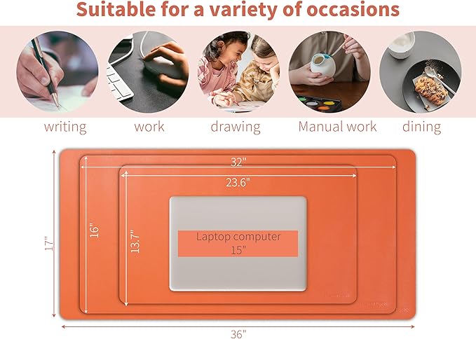 RENMTURE PU Mouse Pad, Faux Leather Large Desk Pad, Home Work Office Accessories, Non-Slip Desk Mat, Waterproof Gaming Pad Desk Blotter (32"x16", Orange)