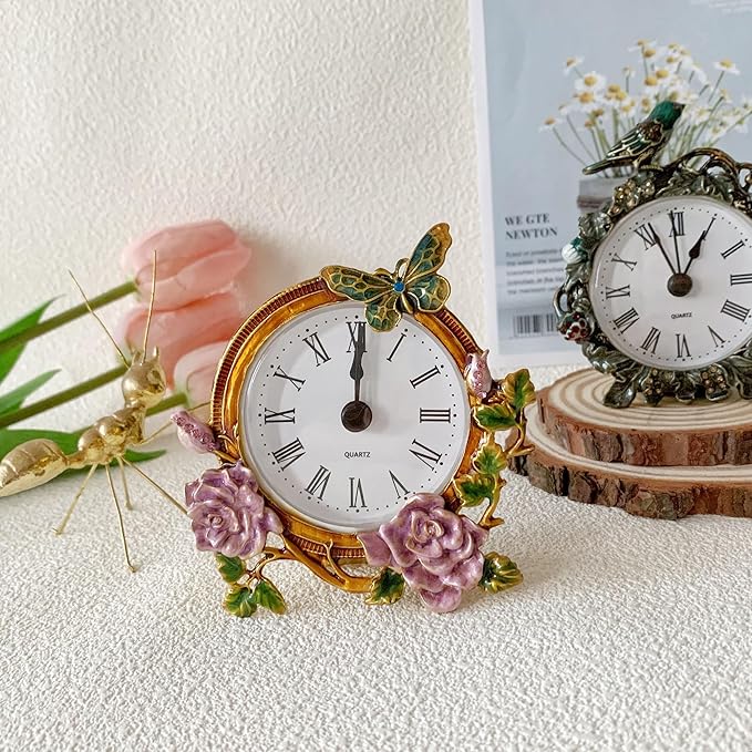 Silent Mini Vintage Analog Table Clock with Hand-Painted Metal Body and Battery Operated Non-Ticking Core for Shelf, Bedroom, Bedside, Desk, Gift Clock