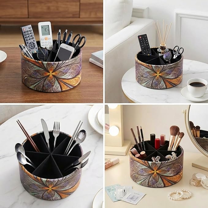 lizimandu Remote Control Holder, 360°Spinning PU Leather Desk TV Remote Caddy,Desk Storage Box Room Accessories for Controller, Media,Mail,Calculator, Mobile Phone,Pencil(1B-Orange Flower)