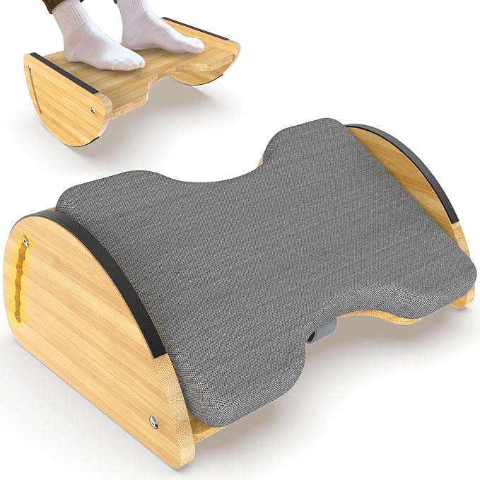 Bamboo Foot Rest for Under Desk at Work - 3-in-1 Reversible Rocking Desk Footrest with Foam Cushion Pad and 6 Adjustable Heights, Ergonomic Foot Rest with Washable Cover for Home, Office and Gaming