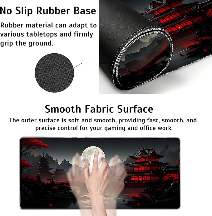 Japan Red Black Full Moon Mouse Pad,35.4 x 15.7 Inch Large Mouse Mat Non-Slip Rubber Stitched Edges for Writing Desk,Office,Home,Laptop