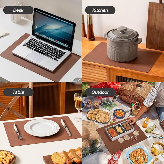 Placemats Set of 4 - Faux Leather 100% Waterproof Oil-Proof Wipeable PU Place Mats, Heat Resistant Reversible Table Mats for Kitchen, Dining, Outdoor (Reddish Brown)