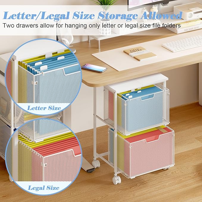 Sbanmao Letter/Legal Rolling File Cabinet, Rolling File Cart with 2 Drawers Filing Cabinet for Home Office, Hanging File Folders Organizer for Under Desk Storage, Mobile Printer Stand, White