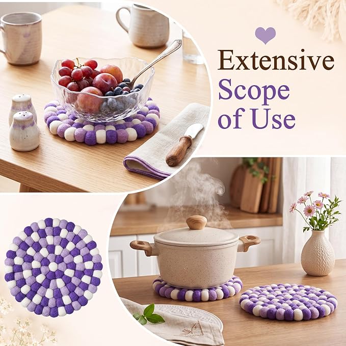 Lallisa 2 Pieces Felt Ball Trivet Round Felt Ball Coasters Handmade Trivet Multi Color Pot Mat Hot Plate Holder Heat Resistant Pot Holder for Table Desk Kitchen Decoration Accessories (Purple)