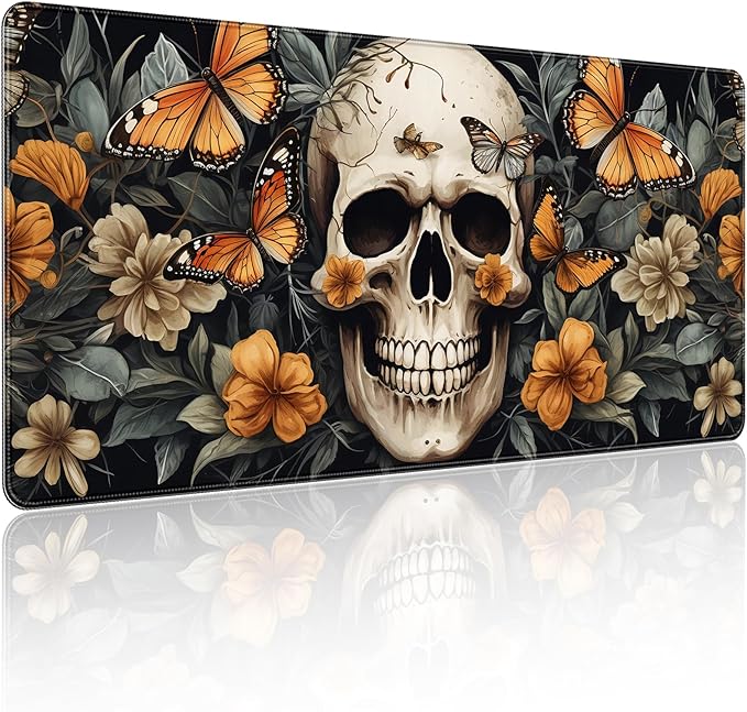 35.4 x 15.7 in, XXL Large Mouse Pad for Desk, Extended Keyboard Mouse Mat for Computer Office, Big Mouse pad with Stitched Edges, Gaming Pc-Skull Butterfly Flowers