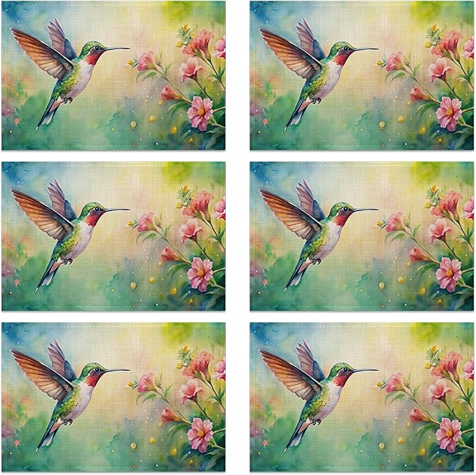 Watercolor Hummingbird Flowers Placemats Set of 6 Linen Table Mats, 12x18 Inch Washable Placemats for Dining Table, Non Slip Heat Resistant Mats for Kitchen Home Decor