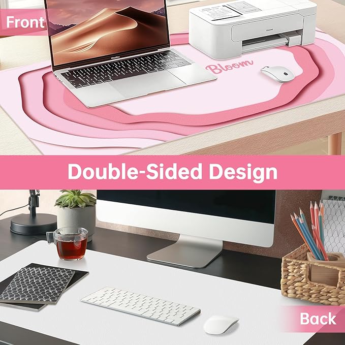 Dual-Sided PU Leather Desk Mat Blotter for Office, Home, Computer, Keyboard, Mouse, 15.7"x31.5" Large Non-Slip Writing Mat with Travel Storage Strap, Waterproof Easy to Clean (Pink Minimalist)