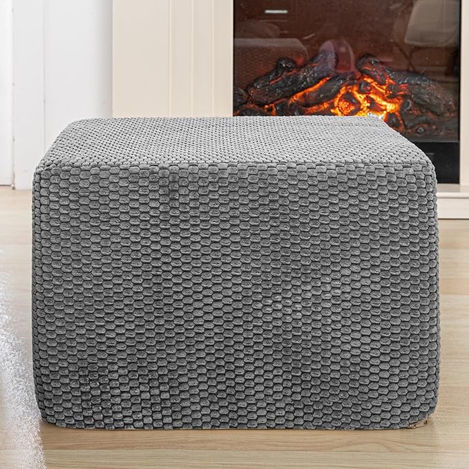 Furry Square Pouf Ottoman – 20"x14" One-Piece Seamless Integral Foam Foot Stool Ottoman Foot Rest Living Room Bedroom Under Desk (Gray)