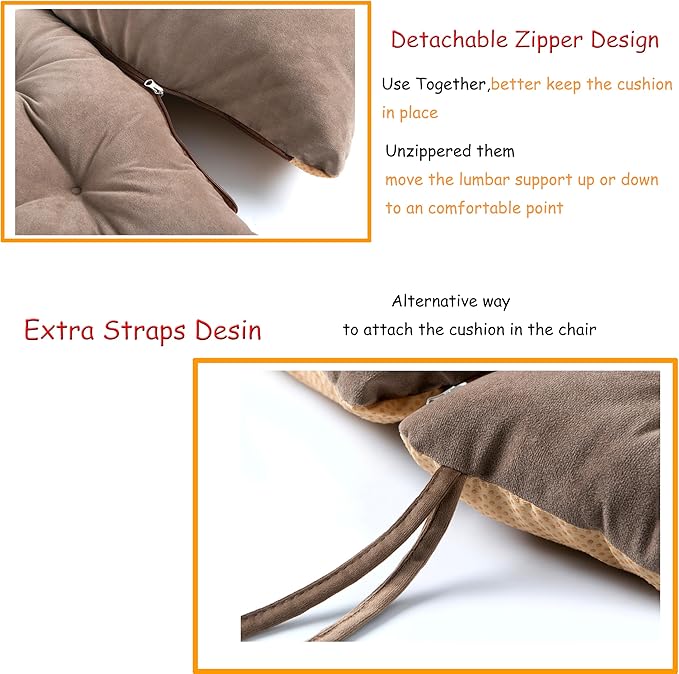 Office/Dining Kitchen Chair Soft Nonslip Lumbar Support Pillow Low Back Pain Relief Backrest with Adjustable Straps and Ties,Tufted Seat Cushion for Recliner,Wood/Rocking Chair.