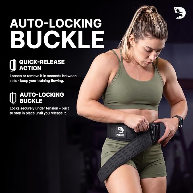 DMoose Weight Lifting Belt - Auto Locking Gym Belt for Olympic Training, WOD, Cross Training for Men and Women - 4" Nylon Workout belt with Adjustable Buckle - Provides Lumbar Support and Stability