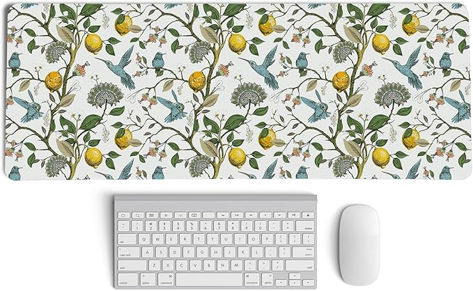 Yellow Lemon Mouse Pad,Green and Yellow Italian Lemon Desk Mat,Vintage Cottagecore Floral Desk Mat,Girly Summer Mouse Pads for Dorm Home Office Desktop Decor,31.5x11.8 Inch