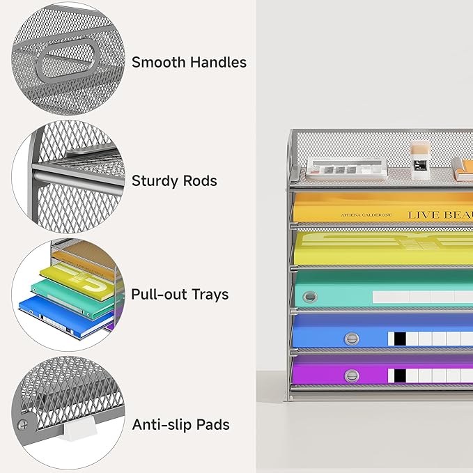 Cawukege 6 Tier Paper Organizer, Silver Letter Tray with Handle, Mesh Desk Organizer, Metal File Organizer, Office Desk Accessories for Home, Office, Classroom, School